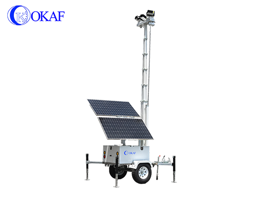 Sistema di sorveglianza mobile ad energia solare fuori rete Rimorchio di sicurezza CCTV solare con albero telescopico da 12 m per cantiere